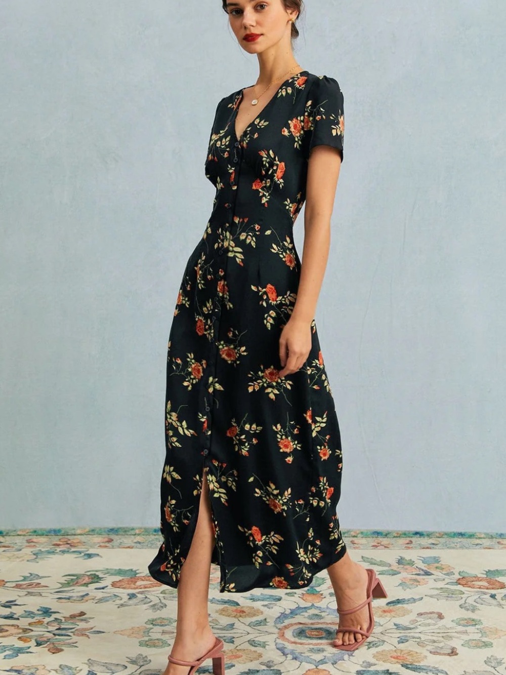 Floral V-Neck Button-Front Midi Dress - Black with Red Floral